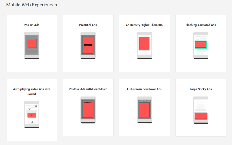 Formats publicitaires interdits mobile Better Ads Standards