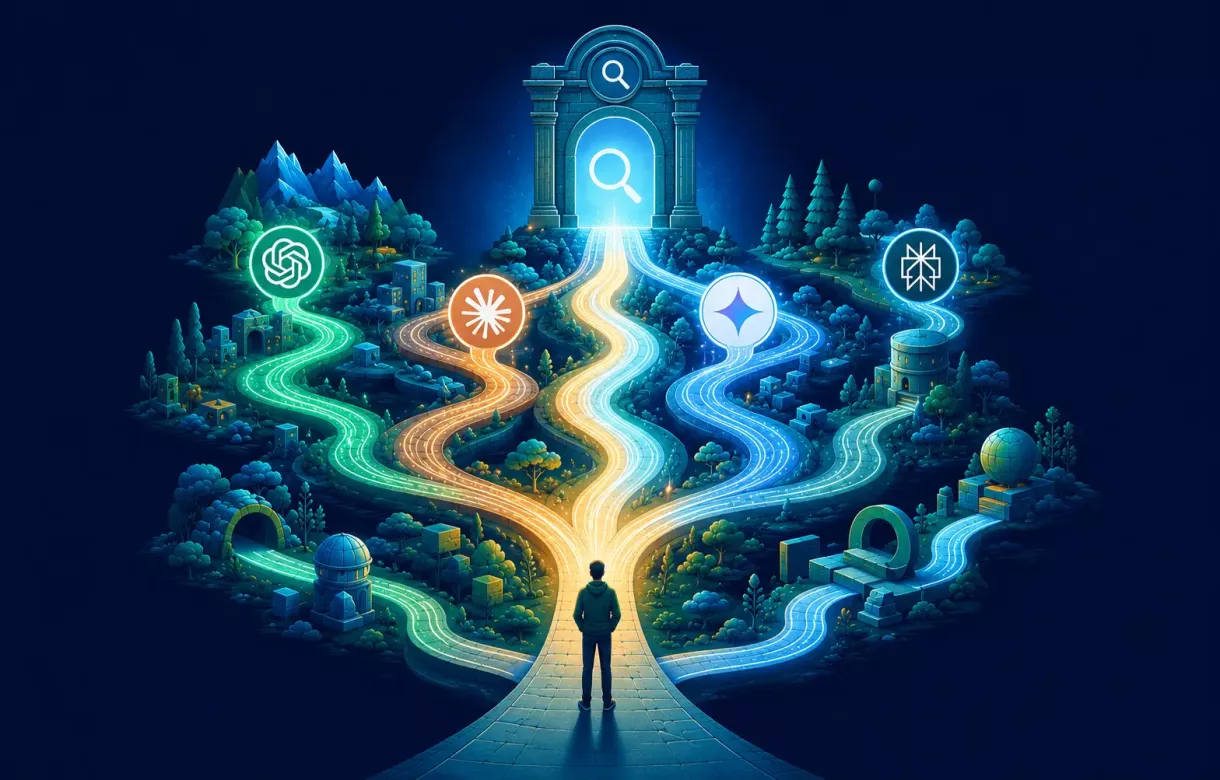 Illustration éditoriale : un personnage à un carrefour dont tous les chemins passent par un portail moteur de recherche classique avant de revenir en réponse synthétisée, métaphore du fonctionnement réel du GEO