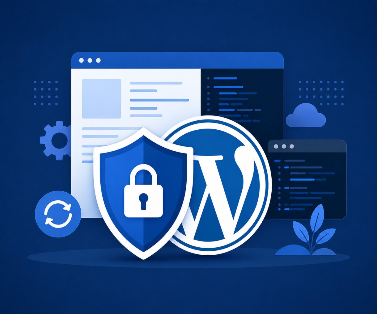 Illustration d'une mise à jour de sécurité WordPress avec bouclier de protection et environnement de test