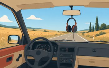 Illustration d'une voiture en été avec un casque audio, symbolisant l'écoute de podcasts web sur la route des vacances