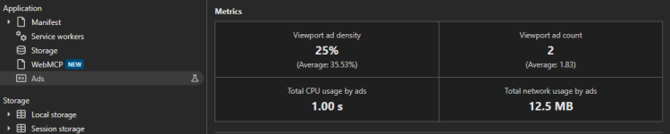 Exemple d'Ads Metrics relevés dans Chrome DevTools