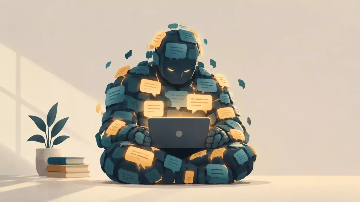 Un golem fait de bulles de conversation lit un site web sur un ordinateur portable pour illustrer l'article : l'IA va-t-elle tuer votre site web ?