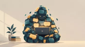 Un golem fait de bulles de conversation lit un site web sur un ordinateur portable pour illustrer l'article : l'IA va-t-elle tuer votre site web ?