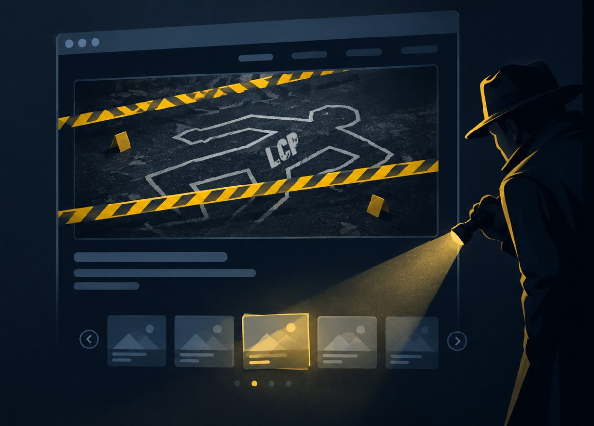 Illustration façon film noir d’une scène de crime sur une page web : le contour vide du visuel principal, et un carrousel éclairé par une lampe de poche en bas de page.