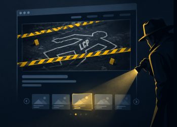 Illustration façon film noir d’une scène de crime sur une page web : le contour vide du visuel principal, et un carrousel éclairé par une lampe de poche en bas de page.